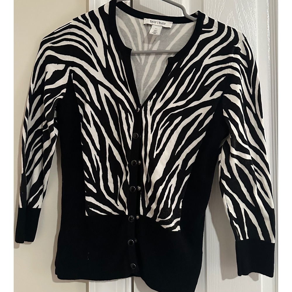 White House Black Market Zebra Print Cardigan Sweater Black White XS 3/4 Sleeve